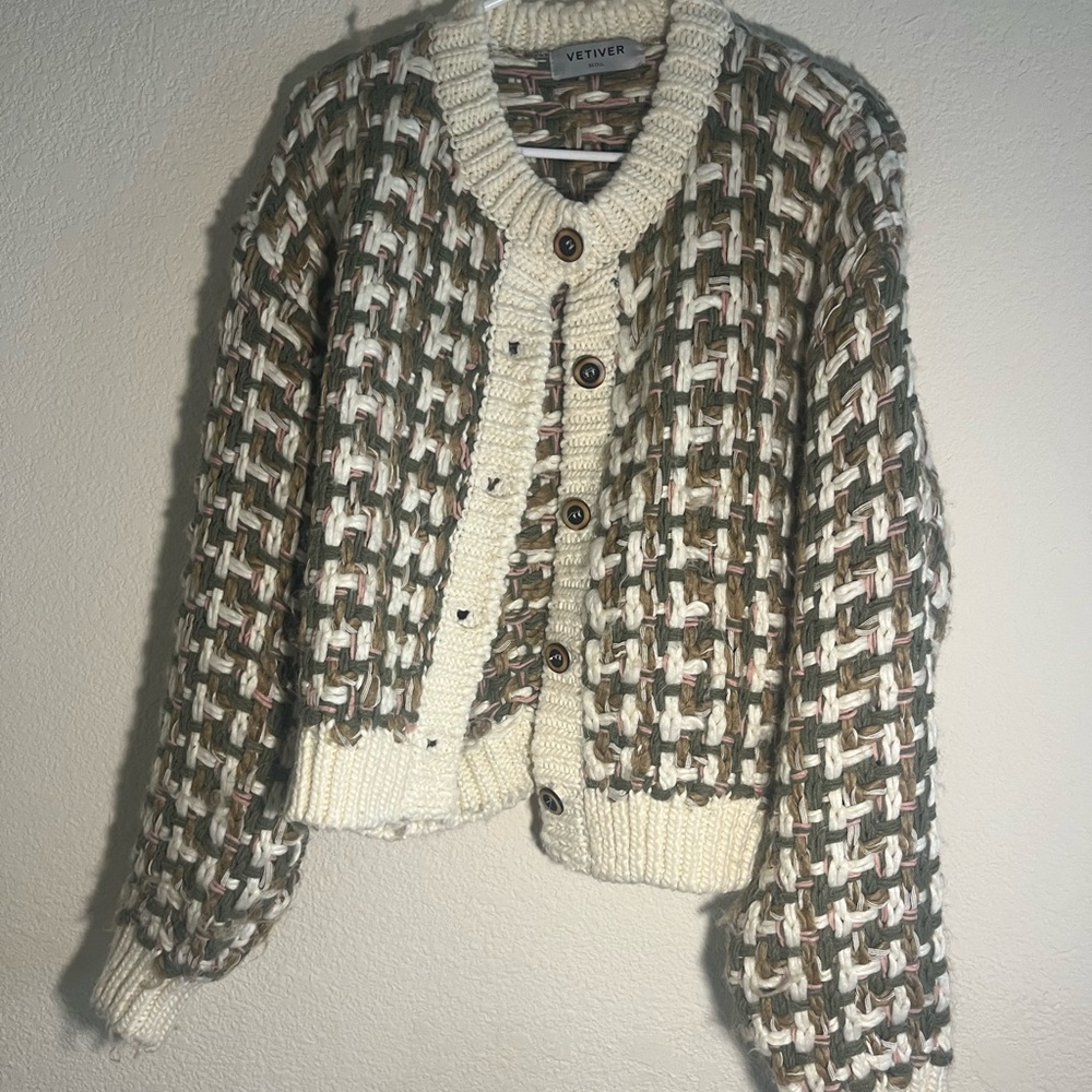 Plaid Patterned Green Sweater with Tortoiseshell Buttons
